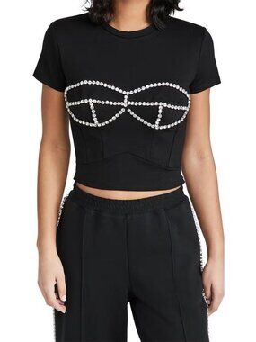 AREA Crystal Bustier T-Shirt in Black Ponte Cropped Rhinestones size Large